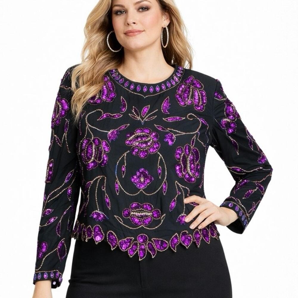 Laurence Kazar New York Beaded Silk Evening Top Black Purple Sequin XL Vintage